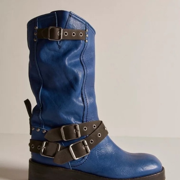 Free People We The Free Janey Engineer Boot Turkish Sea Blue Brown Trim - Picture 3 of 11